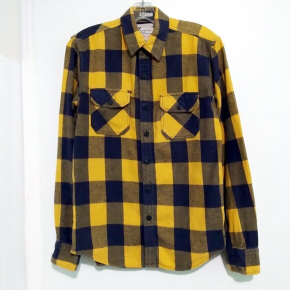 AE Flannel No 77 Men's Yellow & Black  Windowpane Flannel Shirt Sz S/P - Picture 1 of 6